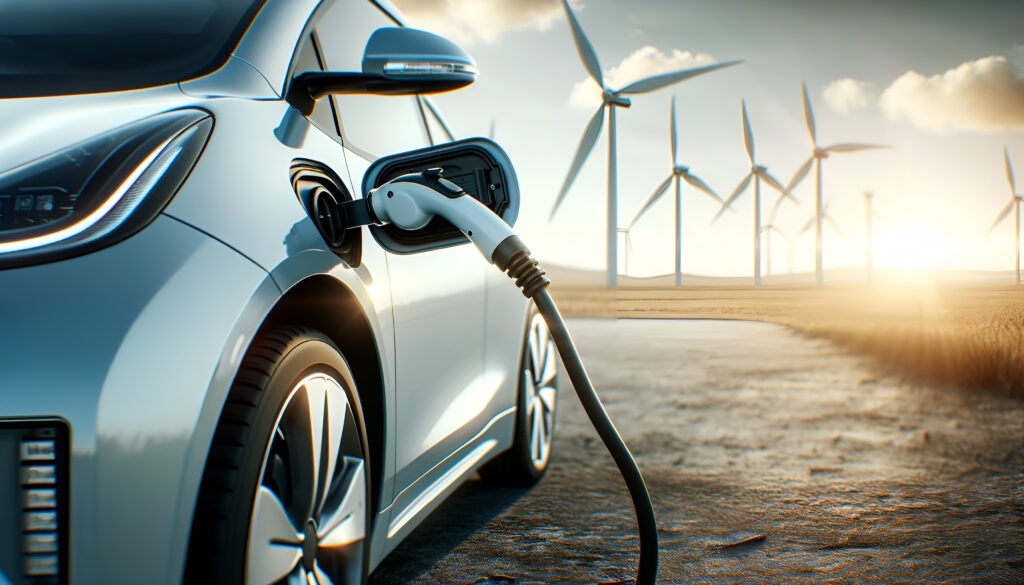 An Electric car recharges at an EV Power point with solar or wind power in the background - PMMP Energy